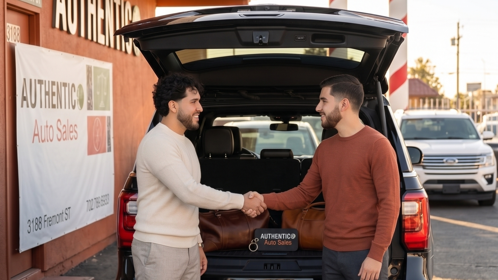 Authentico founder and customer shaking hands at an SUV tailgate at golden hour