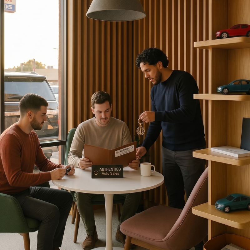 Customers reviewing paperwork with an Authentico team member at the showroom
